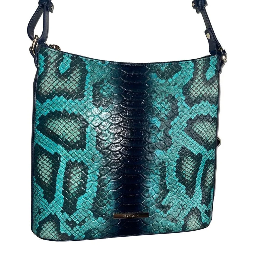 Brahmin Womens Crossbody Bag Size 10 Blue Waterford Snake Print Leather New